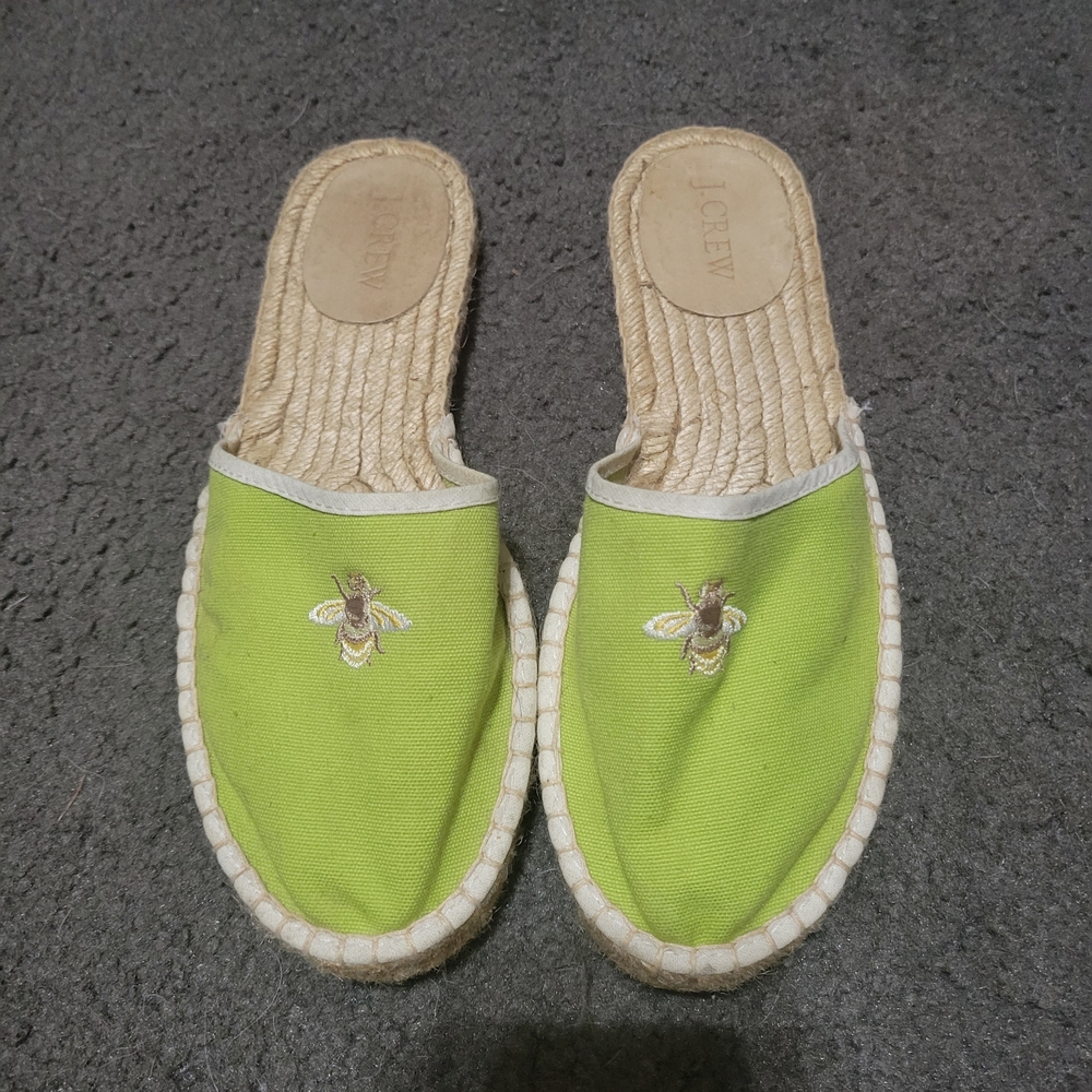 J Crew Green Bumblebee Embroidered Espadrille Slip-On Shoes with Rope Trim